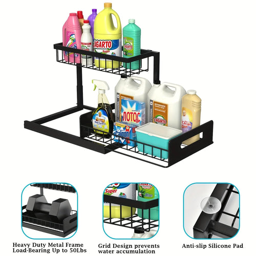2-Tier Pull-Out Under Sink Organizer – Sliding Storage Shelf