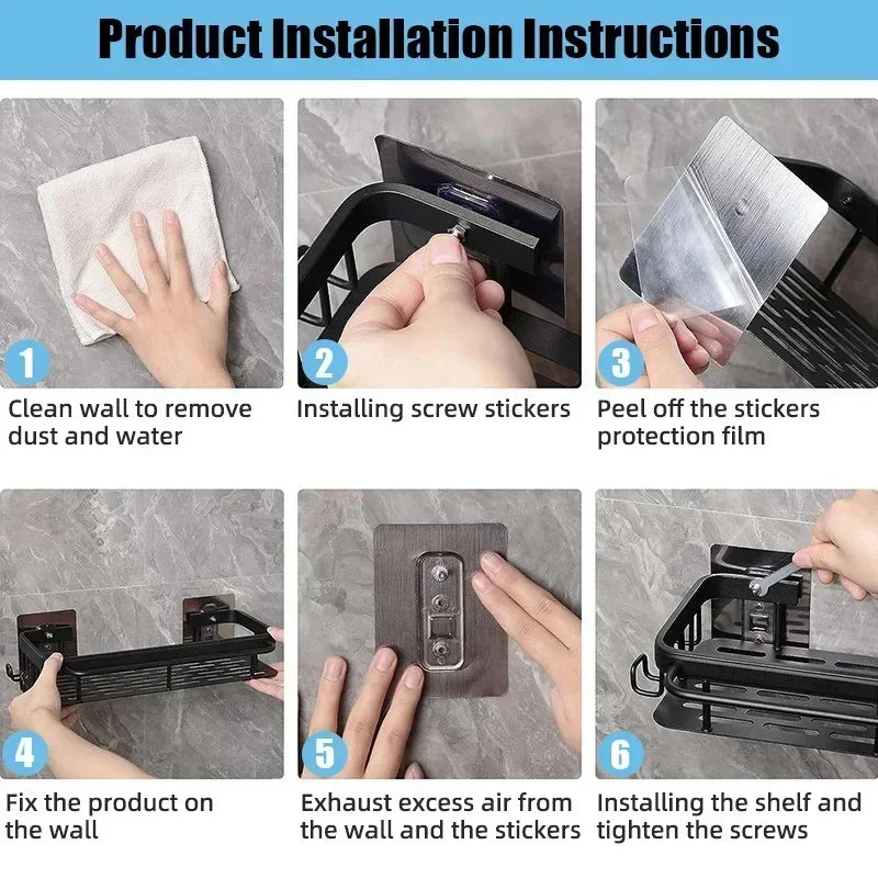 No-Drill Bathroom Corner Shelf – Aluminum Shower Storage Organizer