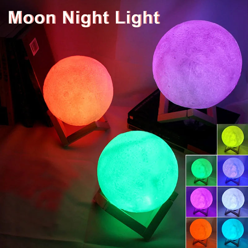 3D Moon Lamp LED Night Light with Wooden Stand