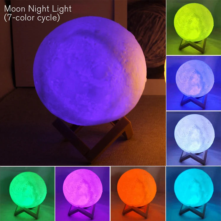 3D Moon Lamp LED Night Light with Wooden Stand
