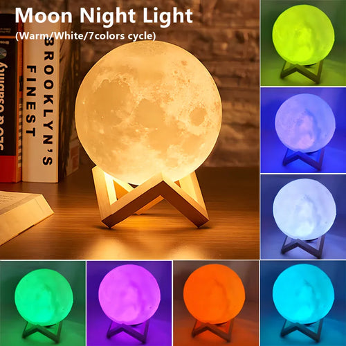 3D Moon Lamp LED Night Light with Wooden Stand