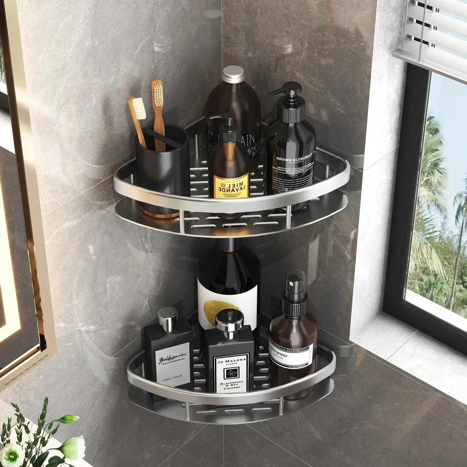 No-Drill Bathroom Corner Shelf – Aluminum Shower Storage Organizer